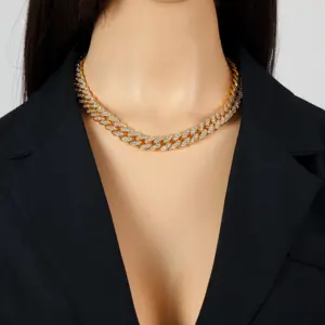 GANEMLY Thick Cuban Chain Rhinestone Necklace Bracelet Set For Women Men New Trendy Punk 18K Gold Plated Waterproof Jewelry Set