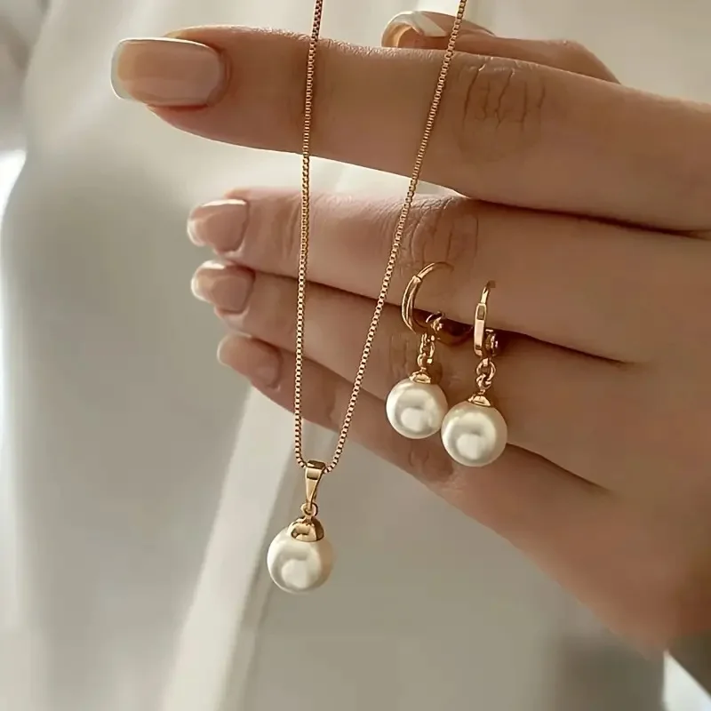 LATS 3 Pcs/Set Round Pearl Pendant Necklace For Women Exquisite Fashion Rhinestone Double Earring Wedding Jewelry Set Gift