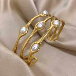 Vintage Layered Gold Plated Pearl Stainless Steel Bangles Bracelet for Women Men Bohemia Wide Open Cuff Wrist Party Jewelry Gift