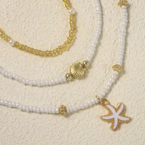 Bohemian Handmade Bead Stacked Choker Delicate Starfish Shell Pendant Necklace Women's Summer Beach Party Vacation Jewelry