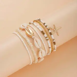 Summer Ankle Bracelet Set for Women, Gold Plated Boho Bead Adjustable Anklet, Hawaiian Beach Shell Starfish Foot Jewelry Gifts