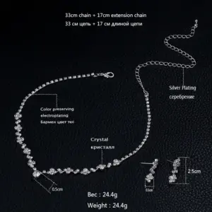 TREAZY Simple Silver Plated Rhinestone Crystal Choker Necklace Earrings Set Wedding Bridal Bridesmaid African Jewelry Sets