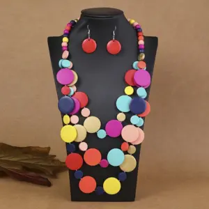 Summer Beach Vacation Jewelry Set Bohemian Round Wooden Bead Handmade Beaded Multilayer Long Necklace And Earrings For Women
