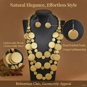 Summer Beach Vacation Jewelry Set Bohemian Round Wooden Bead Handmade Beaded Multilayer Long Necklace And Earrings For Women