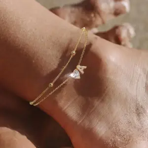 Waterproof cz Ankle Bracelets for Women 14K Gold Plated CZ Initial Dainty Layered Heart Anklets Foot Chain Summer Beach Jewelry