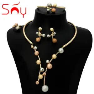 Sunny Jewelry Costume Set Lucky Ball Three Tone Earrings Necklace Bracelet Ring For Women Bridal Wedding Anniversary Gift Party