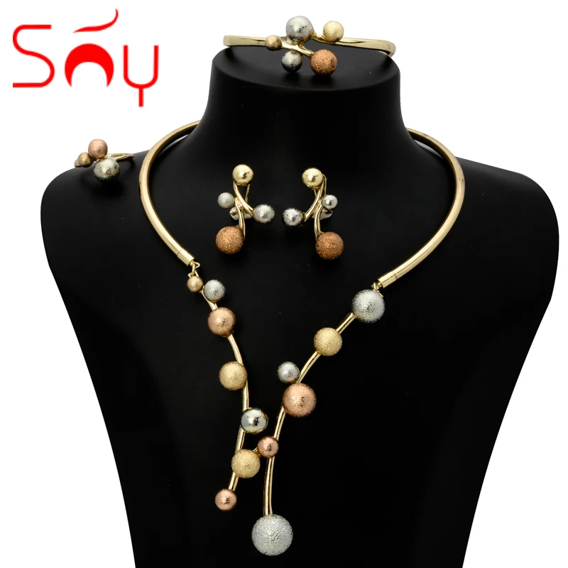 Sunny Jewelry Costume Set Lucky Ball Three Tone Earrings Necklace Bracelet Ring For Women Bridal Wedding Anniversary Gift Party