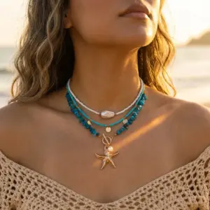 Bohemain Vintage Shell Starfish Turtle Multilayer Necklace for Women Ethnic Handmade Blue Beaded Necklaces Summer Beach Jewelry