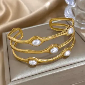 Vintage Layered Gold Plated Pearl Stainless Steel Bangles Bracelet for Women Men Bohemia Wide Open Cuff Wrist Party Jewelry Gift