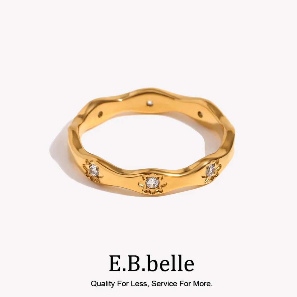 E.B.belle Rhinestone Eight Awn Star Wave Shape Ring Stainless Steel 18k Gold Plated Exquisite Women Jewelry For Party Dating