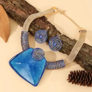 New Design Trendy Jewelry Set Geometric Square Big Resin Gems Aluminum Wire Woven Statement Necklace Earrings For Women