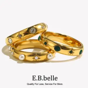 E.B.belle 18K Gold Plated Green Zircon Pearl Rings For Women Waterproof Hypoallergenic Dainty Gold Ring Stainless Steel Jewelry