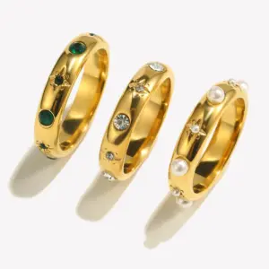 E.B.belle 18K Gold Plated Green Zircon Pearl Rings For Women Waterproof Hypoallergenic Dainty Gold Ring Stainless Steel Jewelry