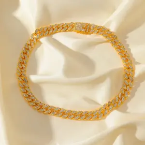 GANEMLY Thick Cuban Chain Rhinestone Necklace Bracelet Set For Women Men New Trendy Punk 18K Gold Plated Waterproof Jewelry Set